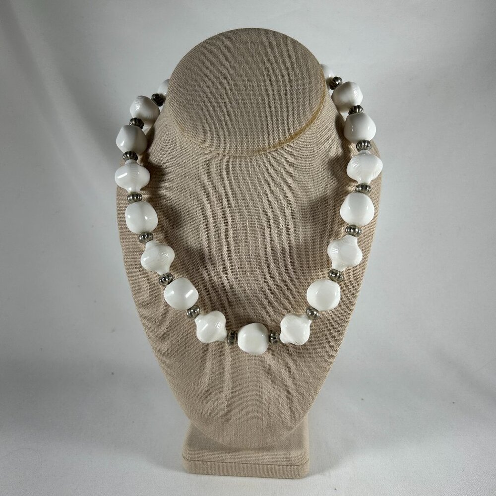 UNIQUE WHITE BEAD NECKLACE IN 2 DESIGNS W/SILVER TONE SEPARATORS.
